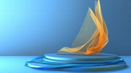 Aufkleber - Abstract display featuring flowing colors on a circular platform against a blue background.