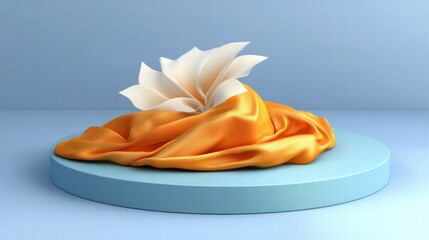 Poster - A stylized arrangement of orange fabric and white petals on a circular platform.