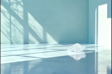 Poster - A minimalist interior space featuring soft lighting and a crumpled plastic item on the floor.