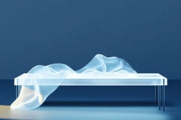 Poster - A minimalist table with a flowing, translucent fabric draped over it against a blue background.