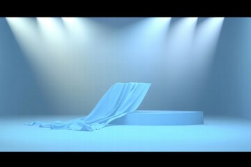 Poster - A minimalist stage with draped fabric under soft blue lighting.
