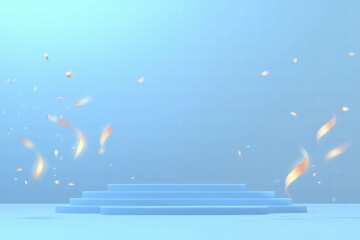 Poster - A minimalist blue stage with floating elements, suggesting a presentation or celebration.