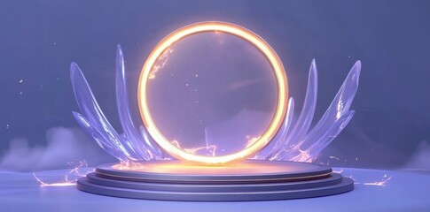 Poster - A glowing circular portal surrounded by translucent crystals on a pedestal.