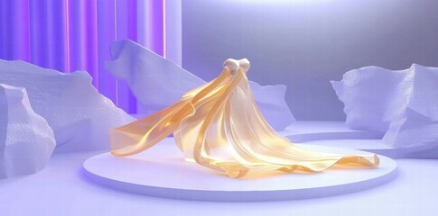 Leinwandbilder - A flowing fabric sculpture on a circular platform with soft lighting and abstract background.