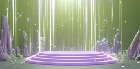 Poster - A mystical stage with glowing beams and ethereal surroundings, suggesting a fantasy setting.