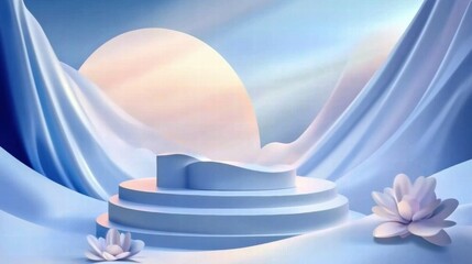 Poster - A serene, abstract landscape featuring soft curves, a large sun, and gentle floral elements.