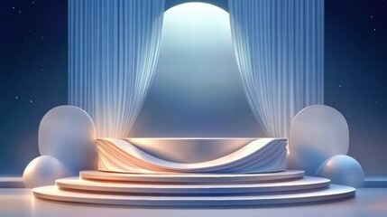 Poster - A minimalist stage design with soft lighting and draped fabric, ideal for presentations or events.