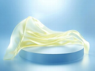 Aufkleber - A soft yellow fabric drapes elegantly over a circular pedestal against a blue backdrop.