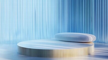 Leinwandbilder - A minimalist, serene space featuring a circular platform and an oval cushion in soft lighting.