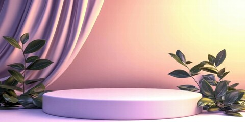 Poster - A minimalist stage with drapery and foliage, ideal for presentations or displays.