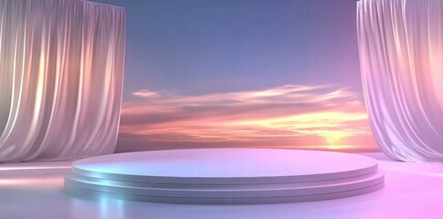 Poster - A serene stage set against a colorful sunset, perfect for presentations or performances.