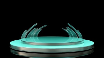 Poster - A modern, illuminated display platform with curved glass elements.