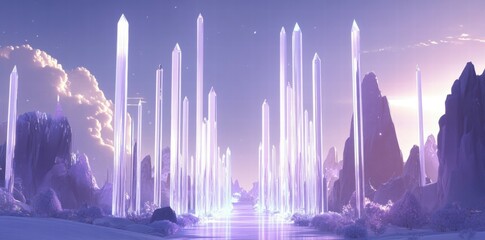 Aufkleber - A serene landscape featuring towering crystal formations illuminated by soft light.
