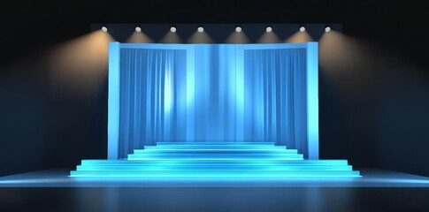 Poster - A blue-lit stage with curtains and steps, designed for performances or presentations.
