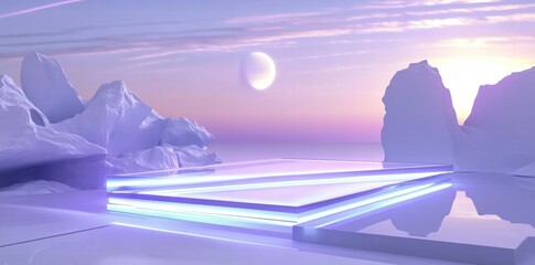 Poster - A serene, futuristic landscape with glowing platforms and icy formations under a pastel sky.