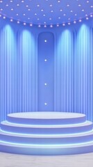 Poster - A modern stage with blue lighting and layered platforms, suitable for presentations or performances.