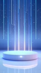 Poster - A futuristic podium illuminated by vertical light beams against a starry blue background.