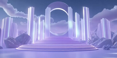 Poster - A futuristic stage with glowing columns and a circular arch, set in a dreamy landscape.