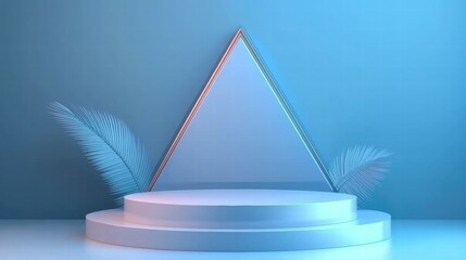 Poster - A minimalist stage design featuring a triangular backdrop and decorative leaves.