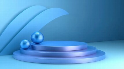 Poster - Abstract design featuring layered circular platforms and reflective spheres in blue tones.