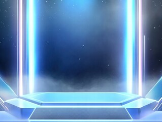 Poster - A futuristic stage with glowing blue lights and a misty background.
