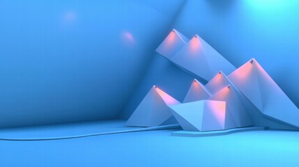 Poster - A serene blue environment featuring geometric shapes illuminated by soft lights.