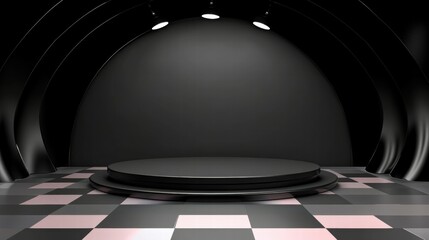 Poster - A minimalist stage setup with a spotlight and checkered floor, ideal for performances.