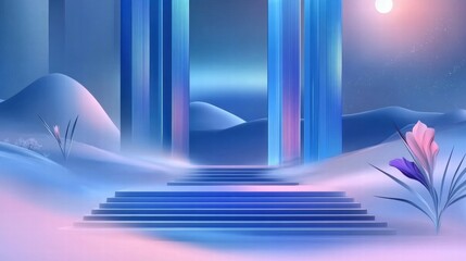 Poster - A serene, dreamy landscape with stairs leading to ethereal pillars and soft flowers.