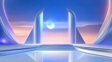 Poster - A futuristic stage set with sleek architecture and a serene backdrop.