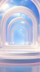 Aufkleber - A serene, ethereal space with archways and soft lighting, suggesting tranquility and beauty.