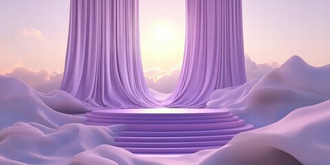 Aufkleber - A serene, ethereal scene with flowing curtains and soft clouds, evoking tranquility and beauty.