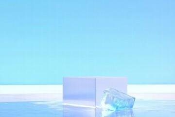 Poster - A minimalist scene featuring a reflective cube and an ice block against a blue backdrop.