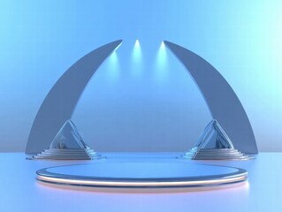 Poster - A modern stage design with sleek curves and lighting, ideal for presentations or performances.