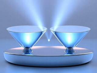 Aufkleber - A stylized balance scale with two conical bowls and blue light beams.