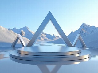 Poster - A futuristic stage set in a snowy mountain landscape, designed for presentations or performances.