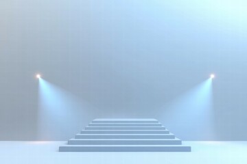 Poster - A minimalist stage with steps illuminated by soft lights in a foggy ambiance.