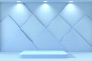 Aufkleber - A minimalist, modern interior with a light blue backdrop and an elevated platform.