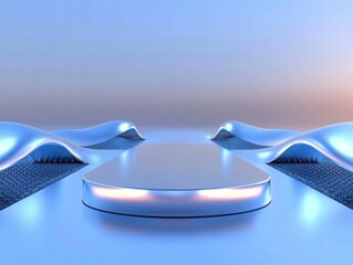 Fototapete - A futuristic landscape featuring smooth, wave-like structures and a central platform.