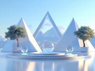 Poster - A serene landscape featuring pyramids, glass orbs, and trees against a mountain backdrop.