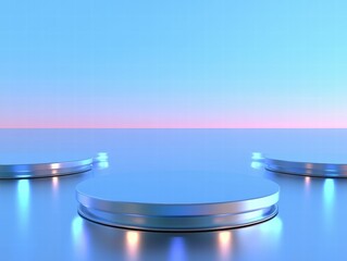 Aufkleber - A futuristic scene with three illuminated platforms against a gradient sky.