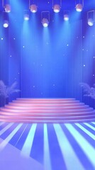 Poster - A vibrant stage set with blue lighting, steps, and decorative plants for performances.