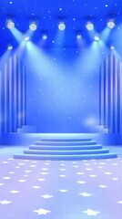 Poster - A blue stage with bright lights and star patterns, ideal for performances or presentations.