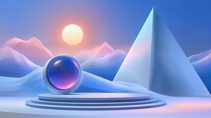 Poster - A serene digital landscape featuring a reflective orb and geometric shapes against a sunset.