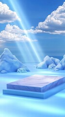 Poster - A serene, icy landscape with a raised platform and soft light beams illuminating the scene.