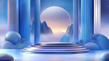 Aufkleber - A serene, stylized landscape with pillars, steps, and a large moon in a pastel color palette.