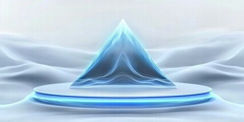 Aufkleber - A futuristic blue pyramid on a circular platform against a soft, ethereal background.