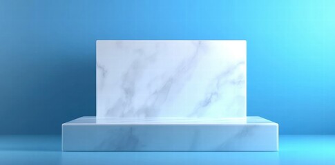 Poster - A minimalist display podium with a smooth marble texture against a blue background.
