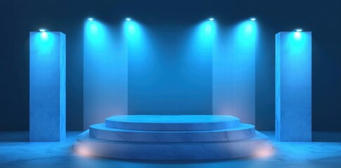 Poster - A modern stage with blue lighting, suitable for performances or presentations.