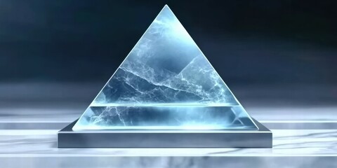 Poster - A translucent pyramid made of ice-like material, resting on a sleek surface.