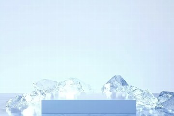 Poster - A minimalist display with clear ice chunks surrounding a white pedestal against a light background.